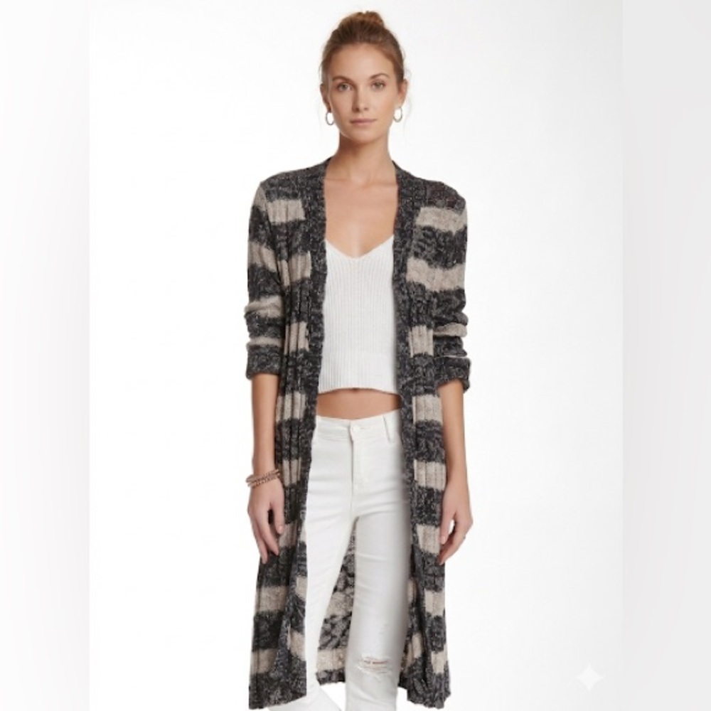 Free People Linen Navy Long Knit Spirit Cardigan - Size Large